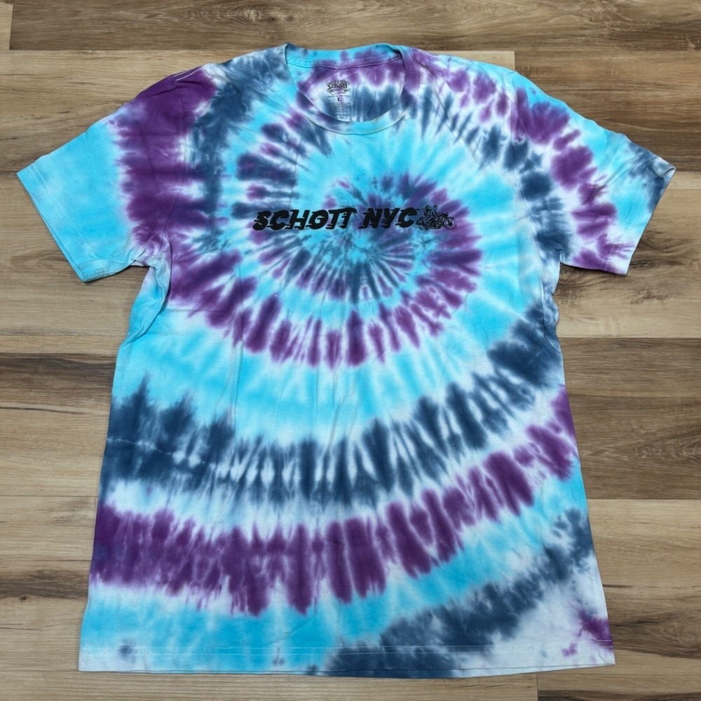 Schott NYC Graphic T-Shirt Men L Tie Dye Cotton Streetwear Biker Blue Purple USA